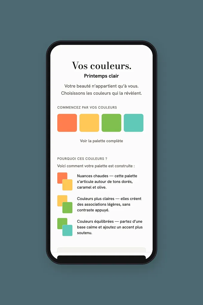 Application de colorimétrie affichant une saison colorimétrique et sa palette personnelle