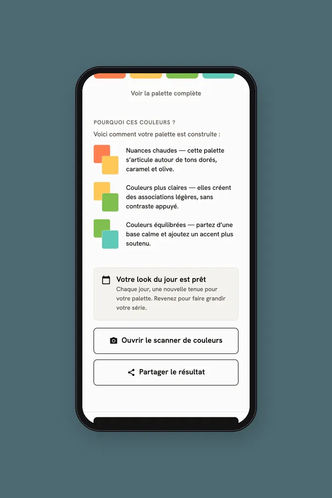 Application de colorimétrie affichant une saison colorimétrique et sa palette personnelle